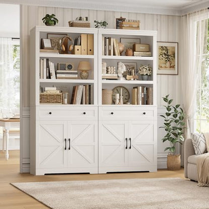 72" Tall Book Shelf and Bookcase, 14" Deep Bookshelf with Drawer and Doors, Farmhouse Book Case with Storage, Wood Storage Cabinet with Display Shelves for Home Office, Living Room, White