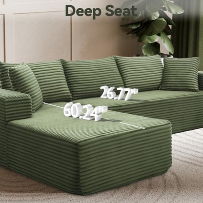 106" Modular Sectional Sofa, Green Corduroy Cloud Couch with Right Chaise, Deep Seat Boneless Floor Sofa for Living Room, High-Resilience Foam Support, No Assembly Required, Includes Pillows | Sectional Sofa