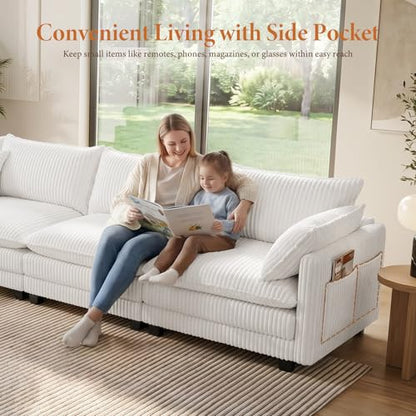 143" L Shaped Modular Sectional Sofa, Comfy Corduroy Upholstered Modular Sectional Couches for Living Room, Modern Cloud Couch with Ottoman Deep Seat, Warm White
