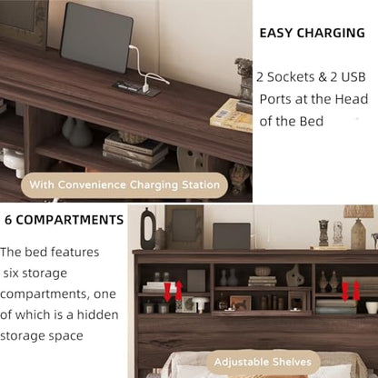 4-Pcs Queen Size Bed Frame & Dresser & 2 Night Stand Bedroom Set, Platform Bed with USB Charging Ports Storage Headboard, Cabinet Dresser with 5 Drawers, Nightstands, Wooden, Dark Walnut