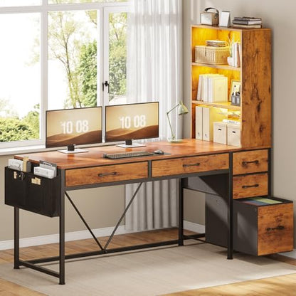 Computer Desk with 5 Drawers and Bookshelf, Reversible Home Office Desk with Storage Shelves and File Drawer, Gaming Corner Desk with LED Lights for Small Spaces, Rustic Brown