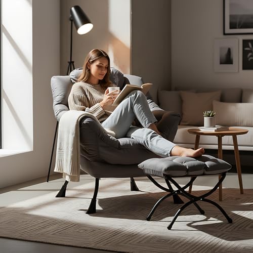 Lazy Chair with Ottoman, Reading Chair with Footrest,Dark Grey, view 3