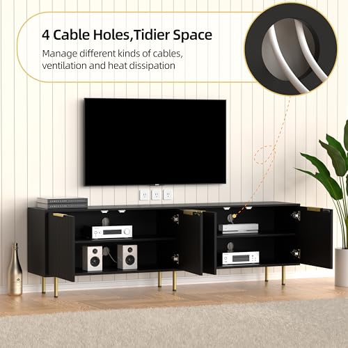 TV Stand for 80 Inch TV, Fluted TV Stand for Living Room, Mid Century Modern TV Stand with Adjustable Shelf, TV Entertainment Center with Storage for Bedroom, 70Inch, Black