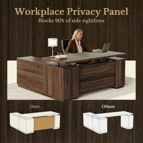 70 Inches L Shaped Executive Standing Desk, Electric Height Adjustable Desk with File Cabinet, Computer Corner Table with AC/USB and Privacy Panel for Home and Office, Black Walnut