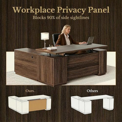 70 Inches L Shaped Executive Standing Desk, Electric Height Adjustable Desk with File Cabinet, Computer Corner Table with AC/USB and Privacy Panel for Home and Office, Black Walnut