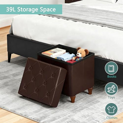 Folding Storage Ottoman Cube PU Leather Footstool with Wood Legs Ottoman Footrest for Living Room and Bedroom Brown, 15x12.6 x 15.4”