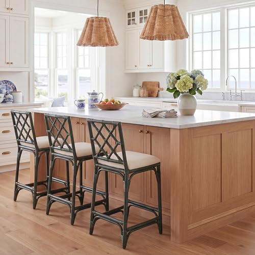 SAFAVIEH Furniture - Bhumi 23.6" Seat Height Counter Stool - White & Forest Green - Handwoven Rattan Design - Fully Assembled - Ideal for Kitchen, Dining Room & Kitchen Island (BST6511E)