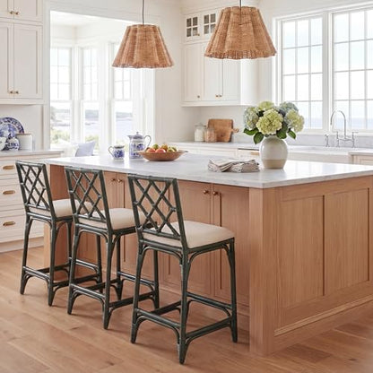SAFAVIEH Furniture - Bhumi 23.6" Seat Height Counter Stool - White & Forest Green - Handwoven Rattan Design - Fully Assembled - Ideal for Kitchen, Dining Room & Kitchen Island (BST6511E)