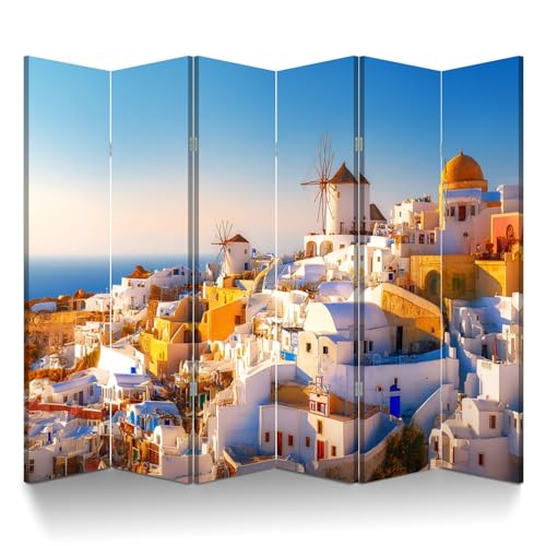 6 Panel Room Divider Screen Santorini Island Famous Popular Summer Resort Greece Folding Privacy Screen Canvas Wall Divider Wood Room Separator Portable Freestanding Partition 6Ft