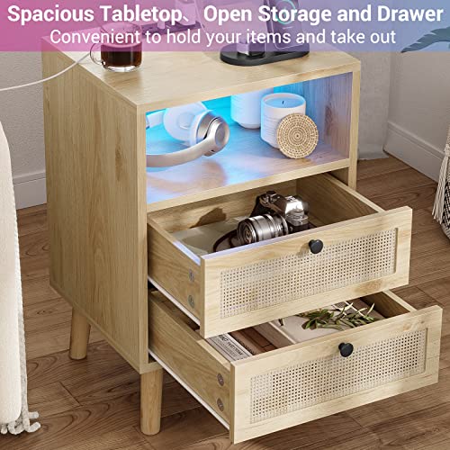 Rattan Nightstand with Charging Station, LED Night Stand for Bedroom, Wood End Table with USB Ports, Boho Bedside Table with 2 Drawers, Natural