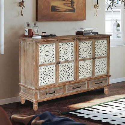 59" Vintage Sideboard Buffet Cabinet with Storage,French Country Sideboard with Carved Doors,Farmhouse Credenza Accent Cabinet, Natural Wood