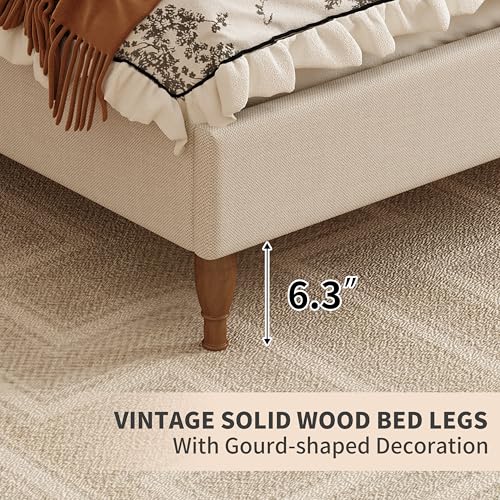 Wingback Upholstered Platform Bed with 50.6 Inch Tall Headboard, Beige, view 7