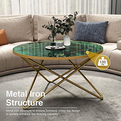 Round Coffee Table with Green Faux Marble Top