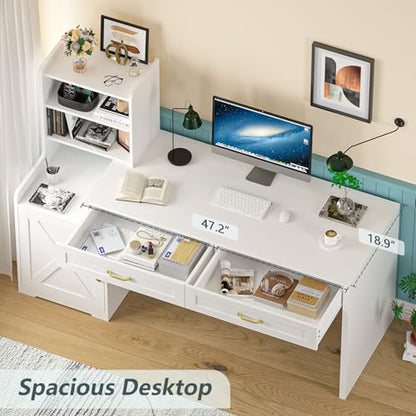 60" Computer Desk with Drawers & Bookshelves, Home Office Desk with Storage Cabinet & Spacious Desktop, Writing Gaming Study Table with Bookcase, White