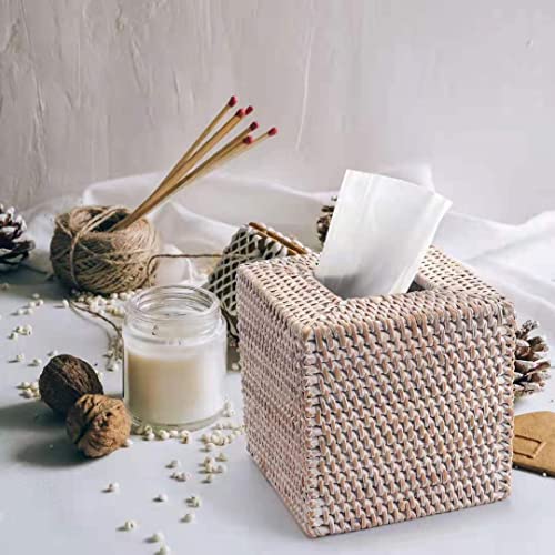 2 Pack Rattan Tissue Box Cover Square, Hand Woven Wicker Tissue Holder, 5.5 x 5.5 X 5.7 inch, Whitewash