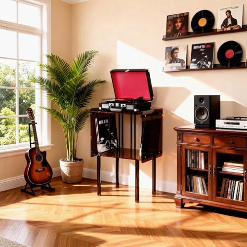 Acrylic Record Player Stand, with Vinyl Storage, Clear Acrylic Side Table, 18.1'' x 14.6'' x 26.1'' (Dark Brown)