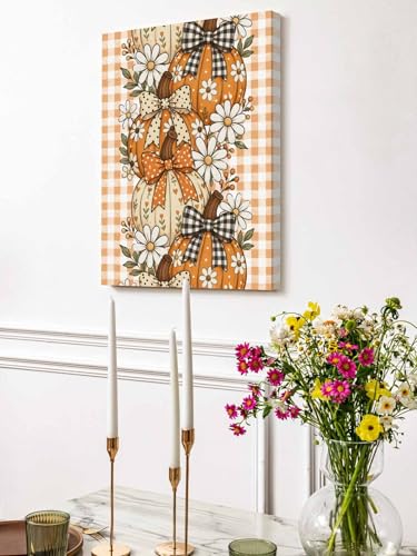 NuYeBiofx Thanksgiving Autumn Pumpkins Canvas Wall Art Prints,48"x32" Framed Picture Artwork Farm Daisy Floral Art Printed Canvas Oil Painting for Living Room Bedroom Office,Ready to Hang