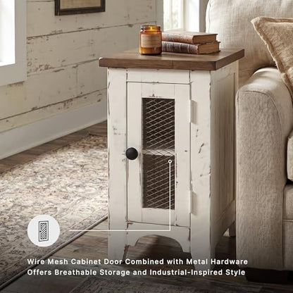 Signature Design by Ashley Wystfield Farmhouse Chair Side End Table with Cabinet Door for Storage, White & Brown with Distressed Finish