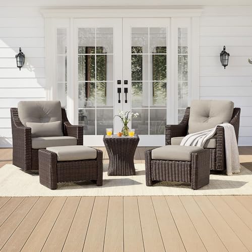 CHITA 5 Pieces Swivel Wicker Patio Furniture Set, Outdoor Conversation Set | 2 Rocking Swivel Chairs, 2 Ottomans, 1 Side Table, All-weather Resin Wicker, E-coated Steel, 5.1-in Cushion, Olefin Covers