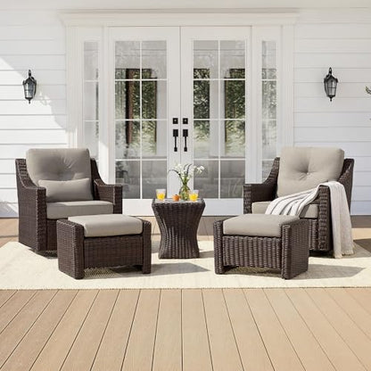 CHITA 5 Pieces Swivel Wicker Patio Furniture Set, Outdoor Conversation Set | 2 Rocking Swivel Chairs, 2 Ottomans, 1 Side Table, All-weather Resin Wicker, E-coated Steel, 5.1-in Cushion, Olefin Covers