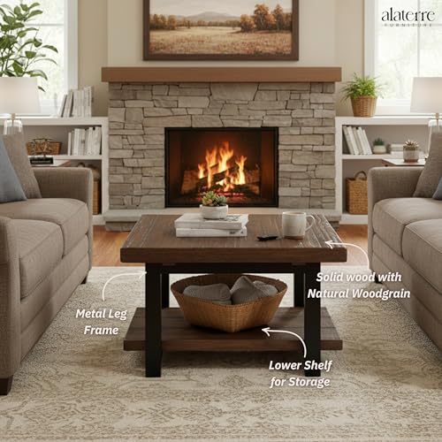 Pomona 27-Inch Square Solid Wood Coffee Table with Metal Legs – Modern Farmhouse Rustic Small Space Table by (Rustic Brown)