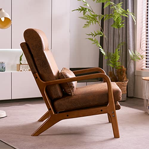 Accent Chair High Back Mid-Century Modern, Brown | Bronzing Cloth Upholstered, Walnut Color Solid Rubber Wood Frame, Soft Cushion with Pillow, For Living Room, Bedroom, Balcony