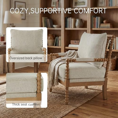 Linen Fabric Spindle Accent Chair with Wood Frame, French Style Accent Chairs with Padded Spring Seat and Armrest Pads, Brushed Base for Living Room Bedroom Farmhouse Office Balcony(Beige)
