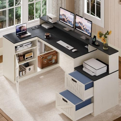 63" Farmhouse L Shaped Desk with Drawers and Printer Stand for Home Office, view 8