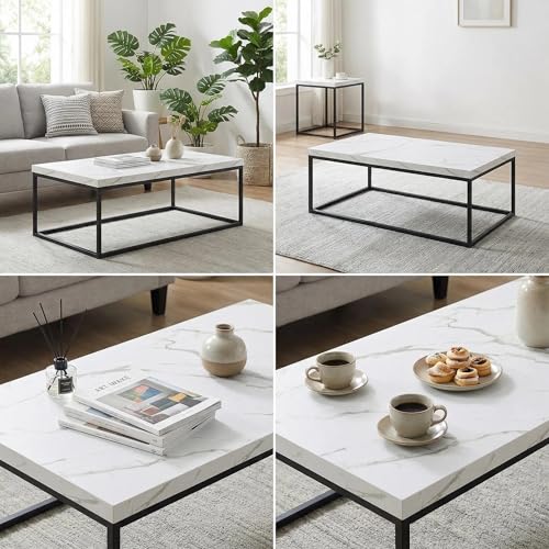 47-Inch White Marble Coffee Table/Center Table, Large Size | Extra Thick 1.6" Honey-comb Top, Rectangle, Minimalist Modern Industrial Style, Wood and Metal Cocktail Table