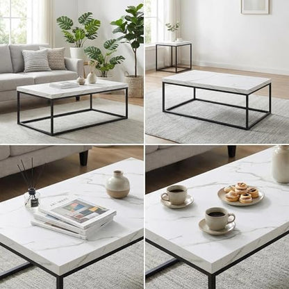 47-Inch White Marble Coffee Table/Center Table, Large Size | Extra Thick 1.6" Honey-comb Top, Rectangle, Minimalist Modern Industrial Style, Wood and Metal Cocktail Table