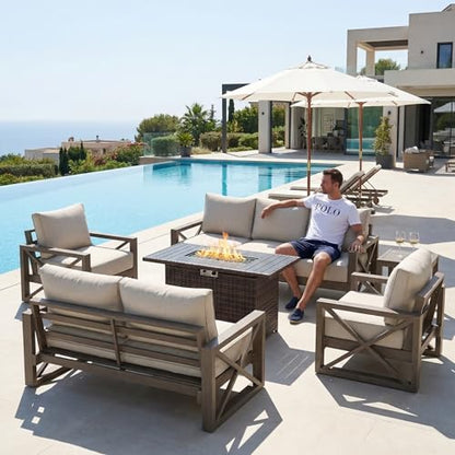 Aluminum Patio Furniture Set, Faux Wood Grain Modern Outdoor Furniture, 6" Cushions Metal Patio Conversation Sofa with Coffee Table for Poolside Deck, 8 PCS, Beige(Include 600D Covers)
