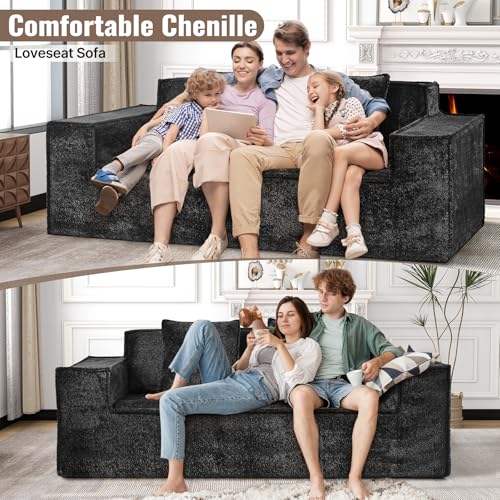 77'' Modern Cloud Loveseat Couch, No Assembly Required Deep Seat Sofa in Chenille Includes 2 pcs Pillows for Living Room, Bedroom, Apartment(Black)