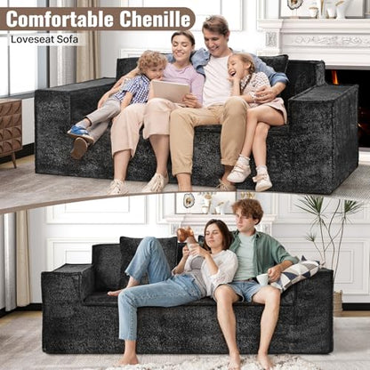 77'' Modern Cloud Loveseat Couch, No Assembly Required Deep Seat Sofa in Chenille Includes 2 pcs Pillows for Living Room, Bedroom, Apartment(Black)