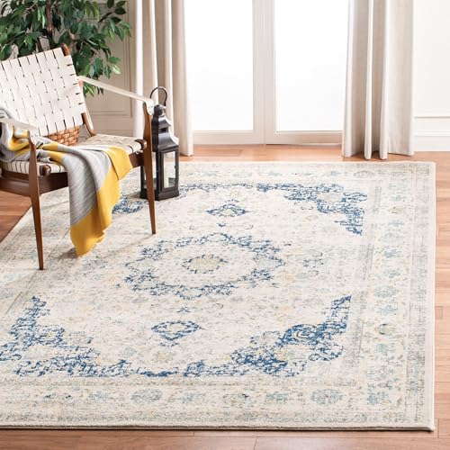 SAFAVIEH Evoke Collection Area Rug - 6'7" x 9', Ivory & Blue, Shabby Chic Oriental Medallion Design, Non-Shedding & Easy to Clean, Ideal for Living Room, Bedroom, Dining Space (EVK220C)