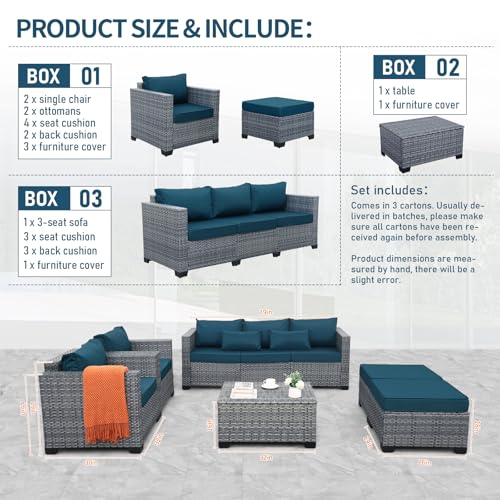 6 Pieces Wicker Patio Furniture Sets Outdoor Conversation Set HDPE Rattan Sectional Sofa Couch with Storage Table and Non-Slip Cushions, Peacock Blue