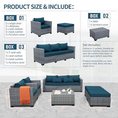 6 Pieces Wicker Patio Furniture Sets Outdoor Conversation Set HDPE Rattan Sectional Sofa Couch with Storage Table and Non-Slip Cushions, Peacock Blue