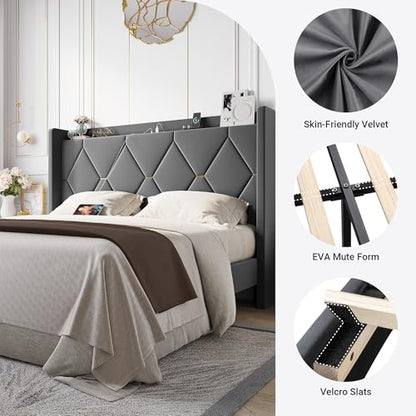Queen Bed Frame with Storage Headboard & Charging Station, view 7