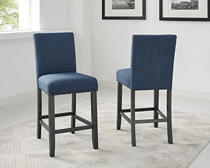 Collection Biony Espresso Wood Counter Height Dining Set with Blue Fabric Nailhead Stools