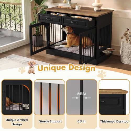 43.3" Farmhouse Dog Crate Furniture with Rotating Bowls & Drawers – Wooden, view 5