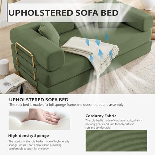 4-in-1 Folding Convertible Sofa Bed, 78 Inch Oversized Corduroy Upholstered Boneless Couch, Loveseat Sleeper with Pull Out Bed, Floor Sofa Modular Futon Couch for Living Room Bedroom Lounge, Green