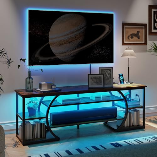 TV Stand for 65/70 Inch TV, LED TV Stands for Living Room w/Power Outlets, Entertainment Center with Storage, Wood Television Stand, TV Console Table, Rustic Brown