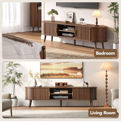Mid Century TV Stand for TVs up to 80" with Fluted Sliding Doors, view 8