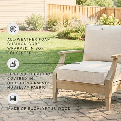 Signature Design by Ashley Clare View Outdoor Lounge Chair, Eucalyptus Wood Frame, 5-Step Protective Finish, Nuvella Fabric Cushions for Patio Seating, 30" W x 35" D x 32" H, Beige