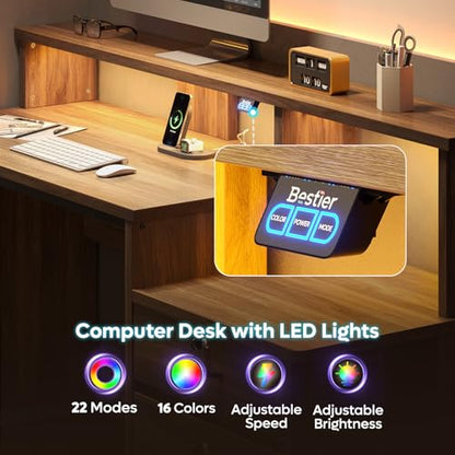 55 Inch Wood Computer Desk with Lockable File Drawer, Charging Station & LED Lights - Home Office Desk with Storage Shelves, Printer Shelf & Monitor Stand, Wooden Desk for Study & Work, Walnut