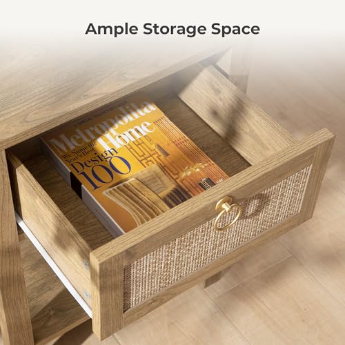 Rattan Nightstand Set of 2, Rattan Decor Drawer with Brass Knobs Night Stand Bedside Table Boho End Tables Side Tables with Storage Shelf for Bedroom,Small Space