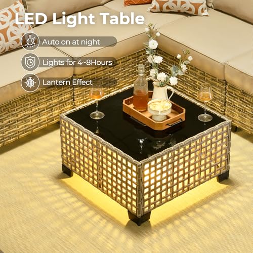 Outdoor Sectional Patio Furniture Set with Fire Pit Table,15 Pieces Wicker Conversation Sets L Shaped Couch,Extra Deep Out Door Sofa Outside Furniture with Swivel Chair Ottoman,Beige