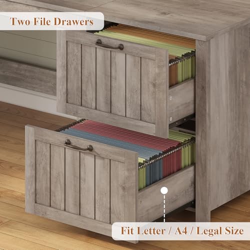 Farmhouse 63" Executive Desk, Wood Computer Desk with Drawers and Storage Cabinet, Home Office Desk with File Drawer and Monitor Stand, Wood Desk for Work Study Writing, Grey