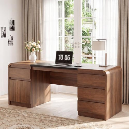 71" Walnut Executive Desk with Drawers, Home Office Desk with Storage, view 2