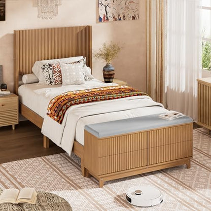 Fluted Twin Bed Frame with Storage Bench and Wingback Headboard, view 2