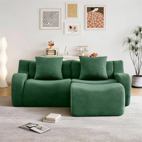 81.7” Sectional Boneless Sofa Couches, 2 Seater L-Shaped, Streamlined Design, No Assembly Modular Teddy Fabric Sofa for Living Room, Bedroom, Apartment, Home Office (Green)